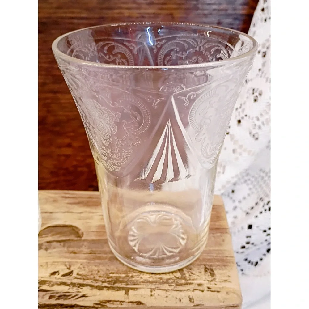 Vintage Etched Clear Glass Juice Tumblers Floral Scroll Pattern Set of 2 4 inch